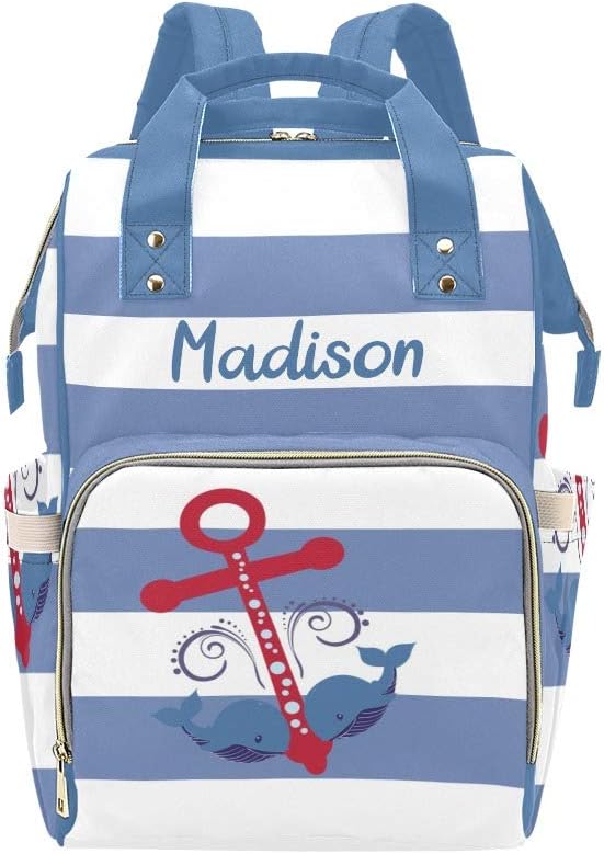 Nautical Anchor with Whales Stripes Personalized Diaper Bag Backpack Tote with Name,Custom Travel Nappy Mommy Bag Backpack
