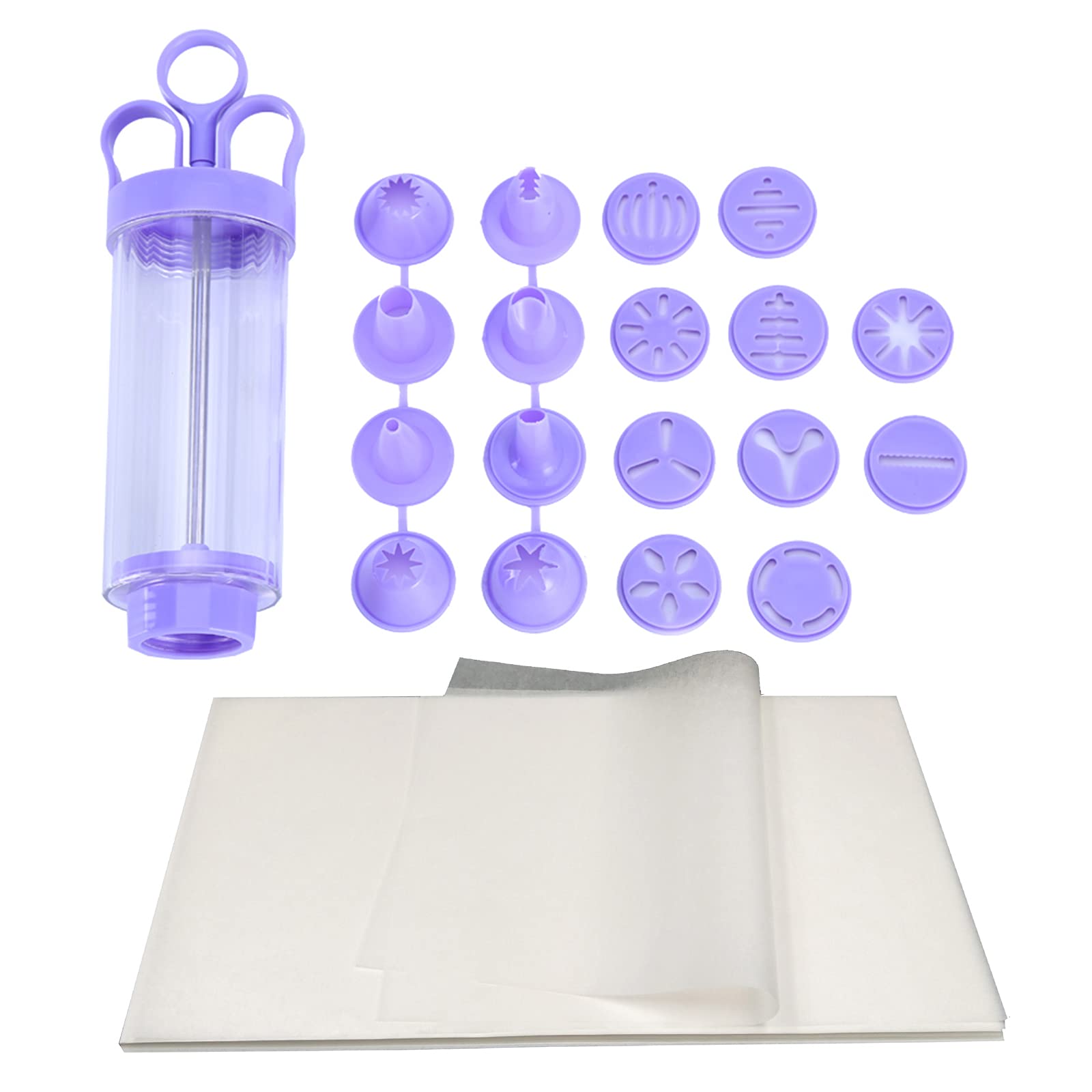 BAIYA Baking Cake Decorating Tool Purple - 19 Pieces/set - Nozzles Cookie Piping Syringe Kit Dessert Decorator Cake Decorating Tool Cake Icing Tool with 100 PCS 9x13 inches Parchment Paper
