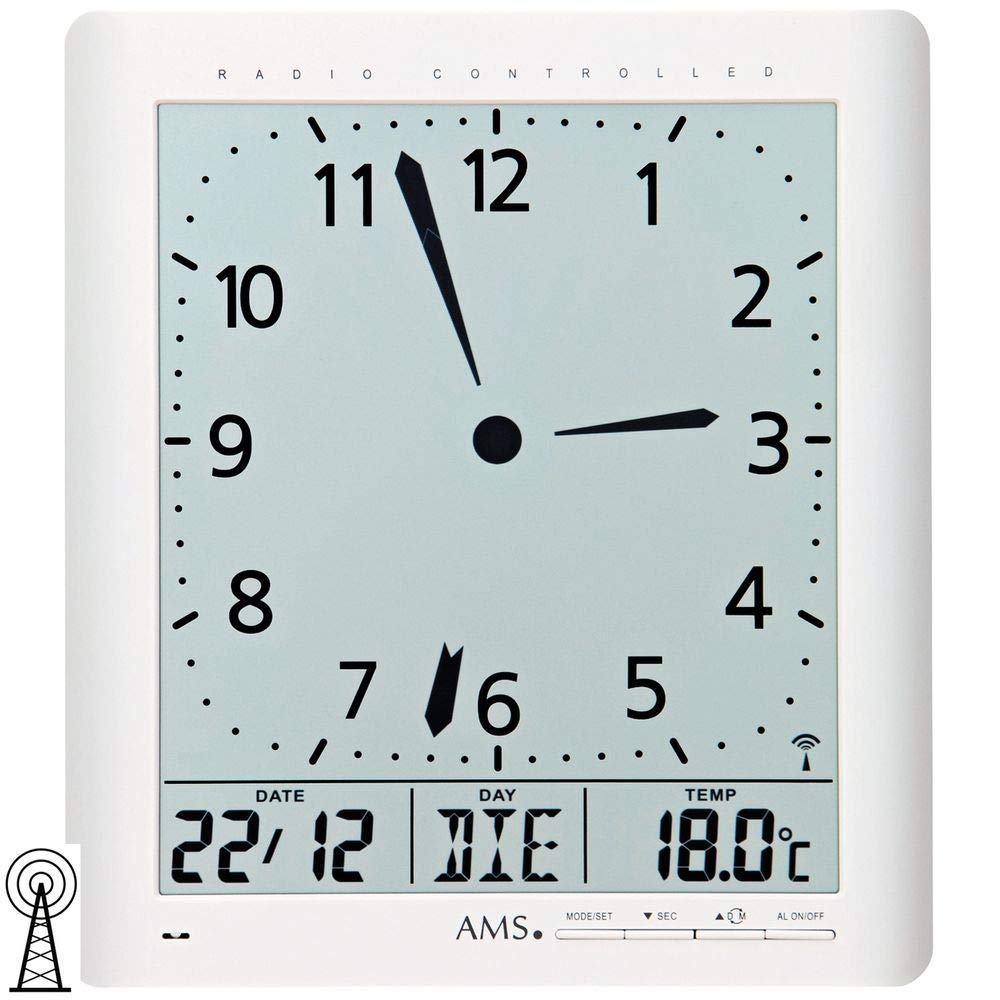 AMS 5896 Wanduhr Tischuhr Funk digital weiß Datum Thermometer Weckfunktion