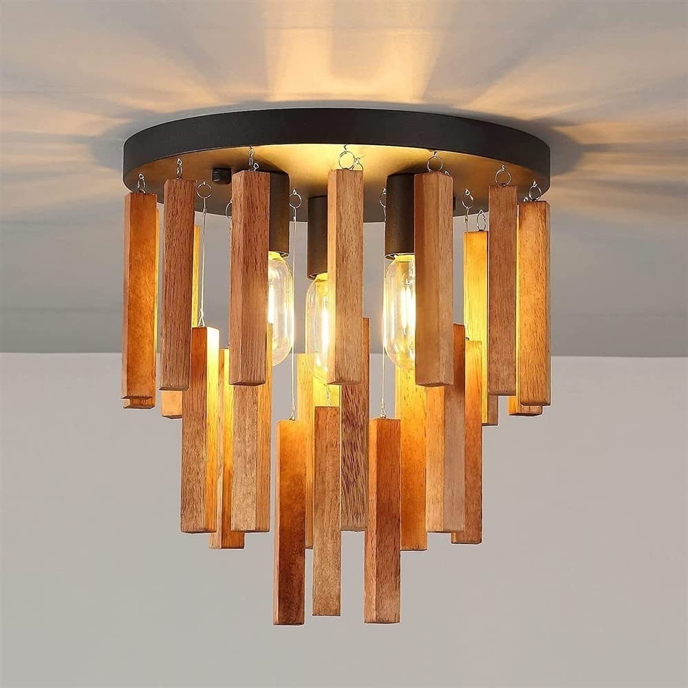 LYMSXAZOU Farmhouse Semi Flush Mount Ceiling Lighting Fixture Rustic Hallway Lamp Wood Chandelier Light Vintage Wooden Aisle Lamps E27 Chandeliers for Loft Entryway Made in China