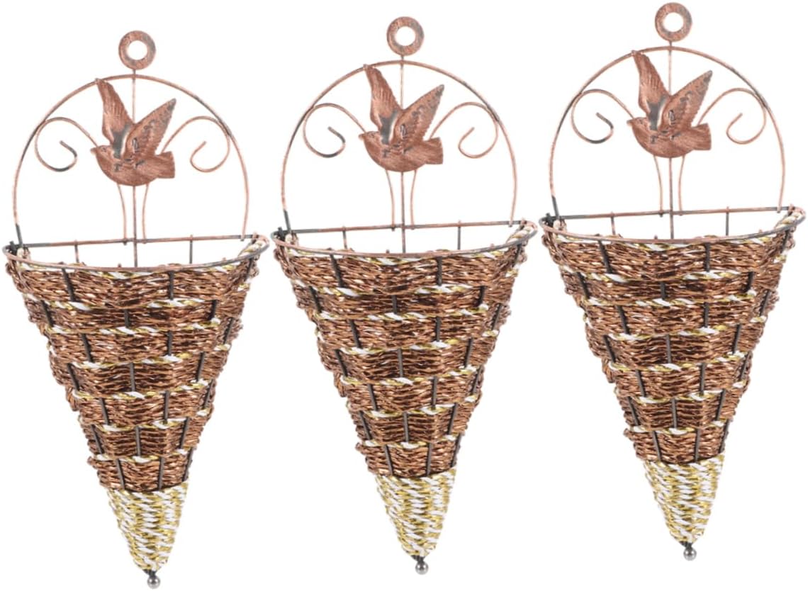 Unomor 3pcs Simulated Rattan Hanging Planters Cone Shaped Woven Wall Basket Decor for Indoor Outdoor Garden Rustic Flower Pot Holders for Farmhouse Aesthetic