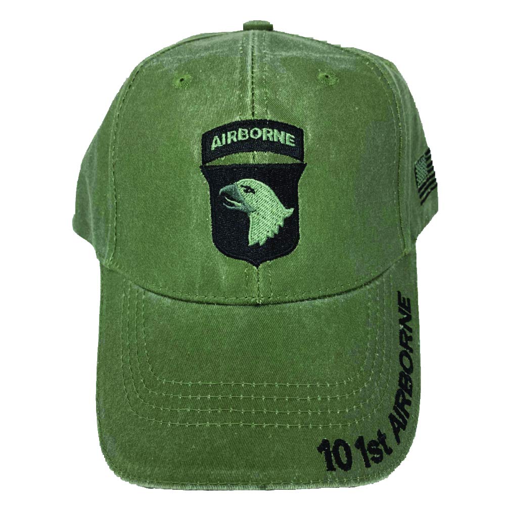 U.S. Army 101st Airborne Baseball Cap with Flag on Side. OD Green