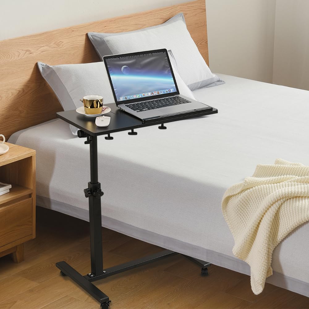 WODFARR Mobilna stacja robocza 60 x 34,5 cm z 4 kółkami, stojak na laptopa na kółkach, stojący biurko z regulacją wysokości, stolik pomocniczy do salonu, sypialni (czarny)