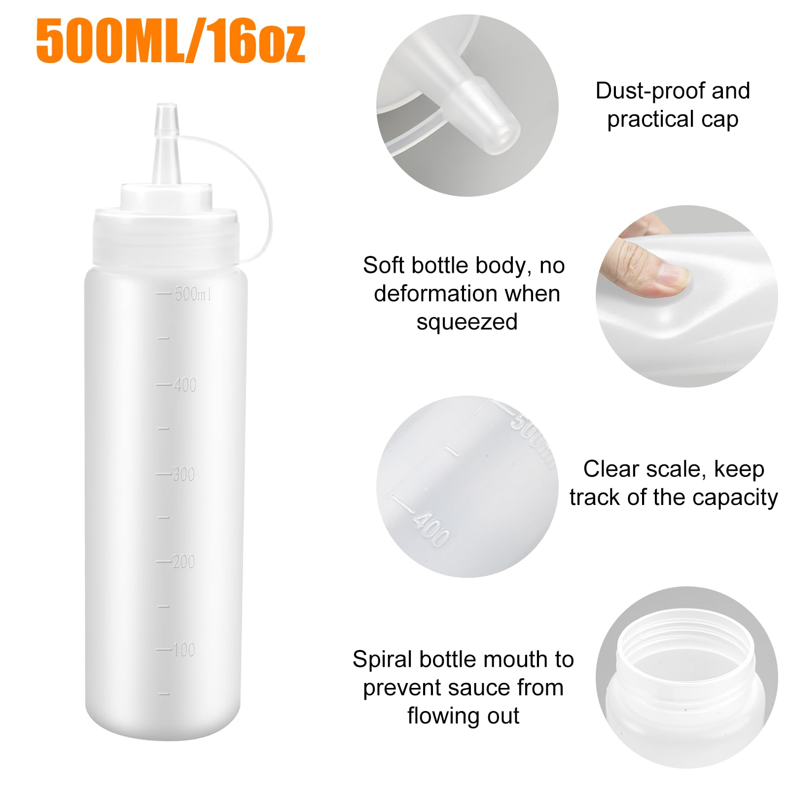 3 Piezas Biberon Cocina,500ml Transparente Condiment Squeeze Bottle,Botella de Salsa de Plástico con Tapa,Sin BPA,Dispensador de Botella para Salsa,Exprimir Condimento Botellas para Ketchup,Mostaza