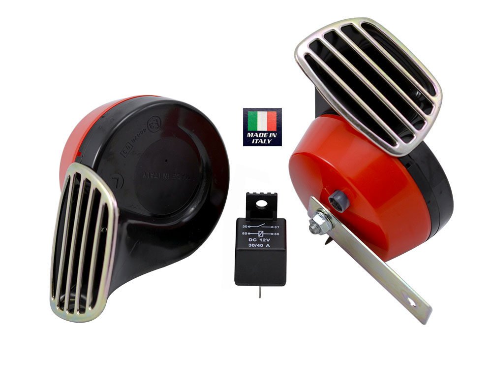 HS RED Black Twin Trumpet Snail High/Low Tone 12v Volt Electromagnetic Loud Dual Replacement Horns Compact Universal kit with Brackets Relay Hardware Compatible with BMW Honda (Pack of 2)