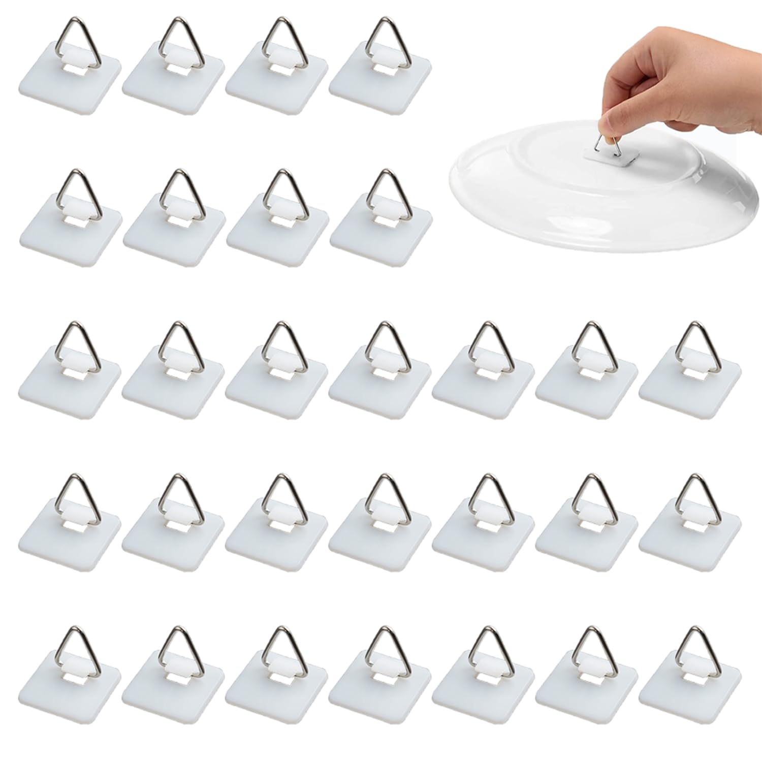 RHQFDM 30 Pieces Self-Adhesive Plate Hangers 25×25mm Invisible self-Adhesive Plate Hangers Plastic Vertical Plate Holders Self-Adhesive Picture Hooks（Square,White）