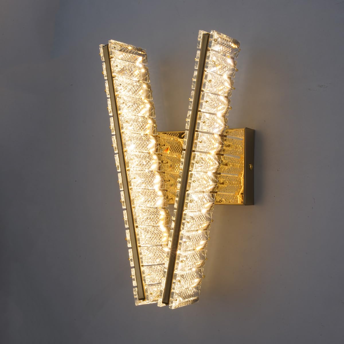 SXSCARKX Golden Crystal Wall Sconce, Modern Creative lamp, Minimalist Art V-Shaped Warm/Neutral/White Light, Living Room Bedroom Corridor Office Bathroom Vanity (Golden H 33cm)