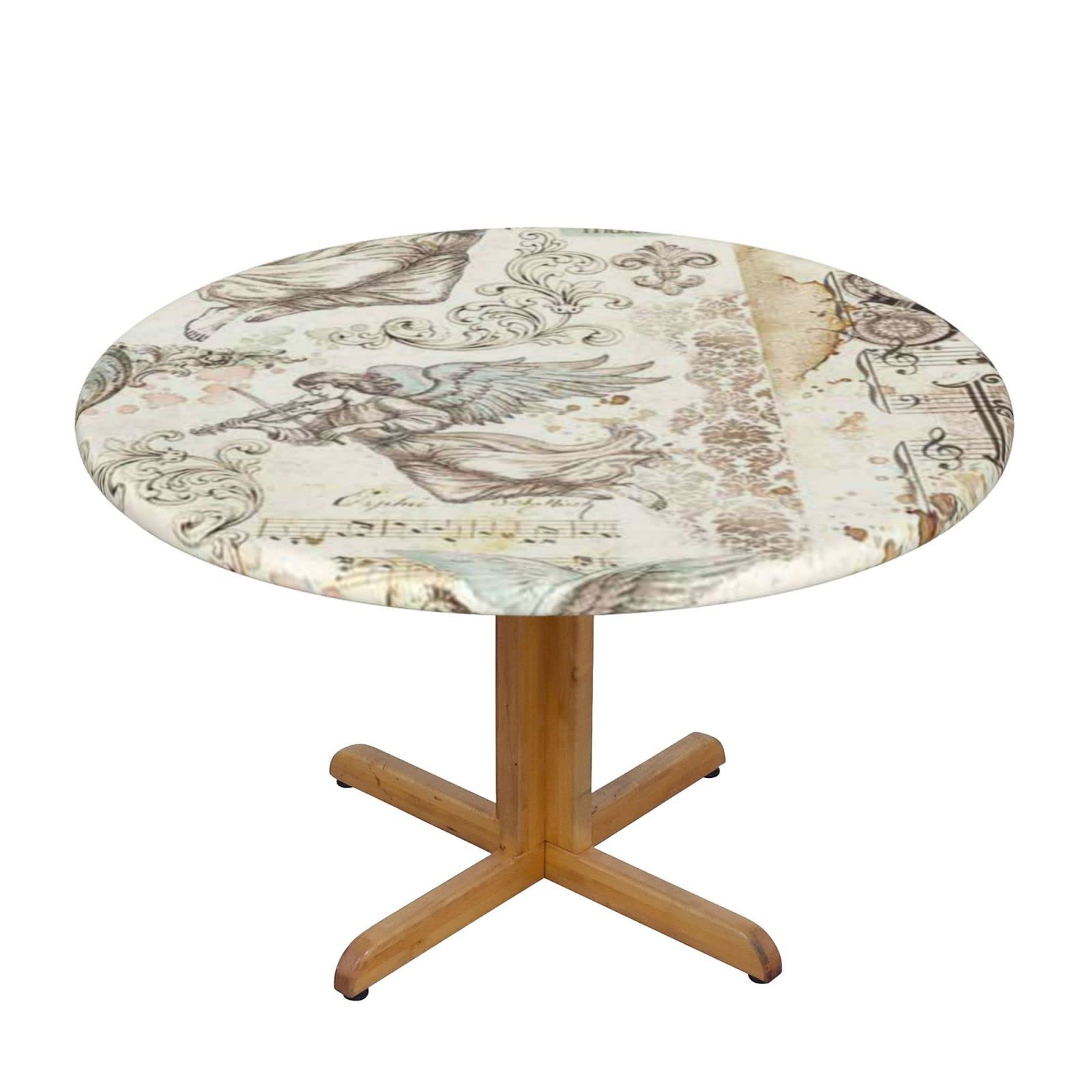 Lsjuee Round Fitted Tablecloth 45-50in Elastic Edged Table Cloth for Kitchen Dining Party Home Decor - Vintage Angel Music Romance Floral
