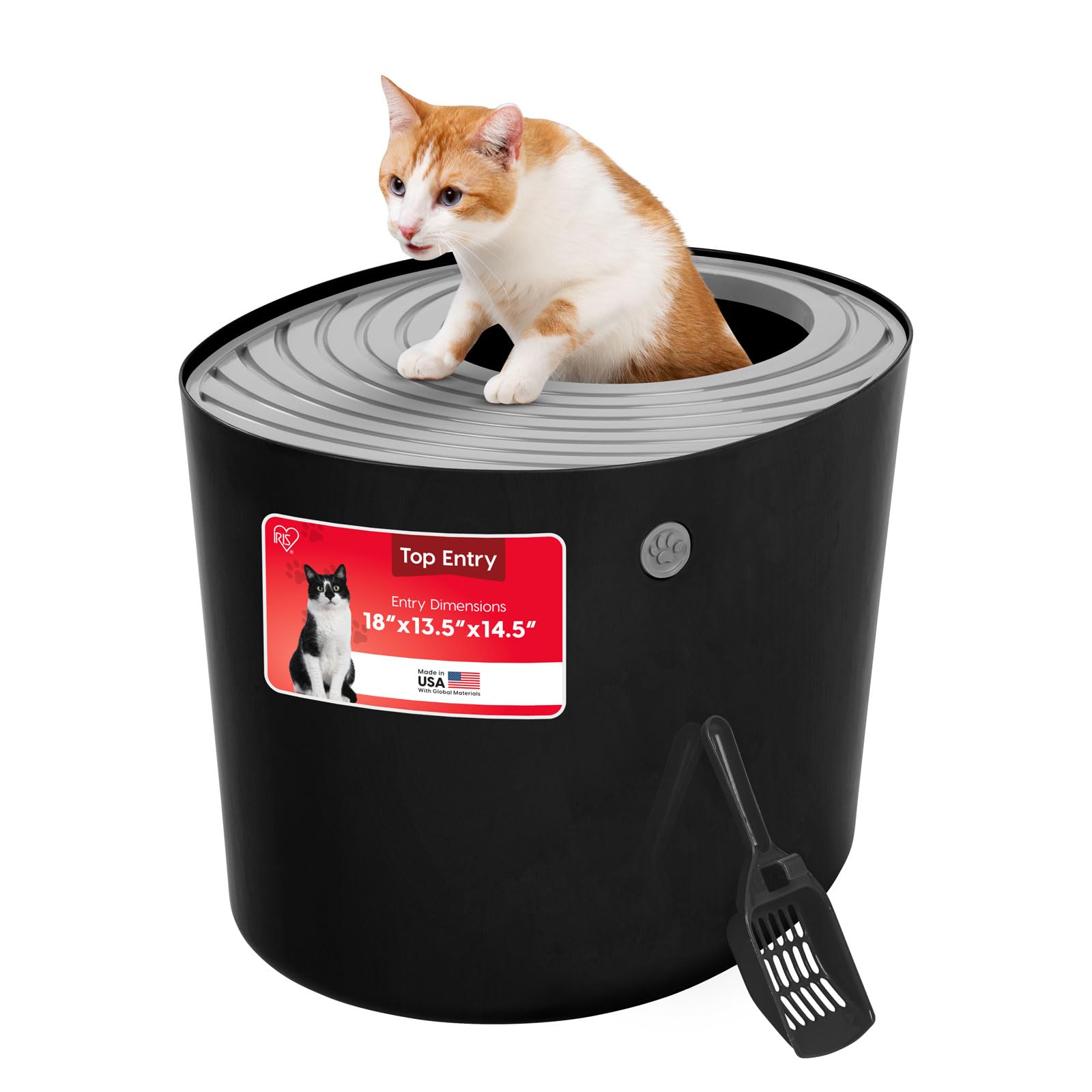 IRIS USA Cat Litter Box, Large Top Entry with Litter Catching Lid and Scoop, Dog Proof, Cat Box Enclosure, Black/Gray