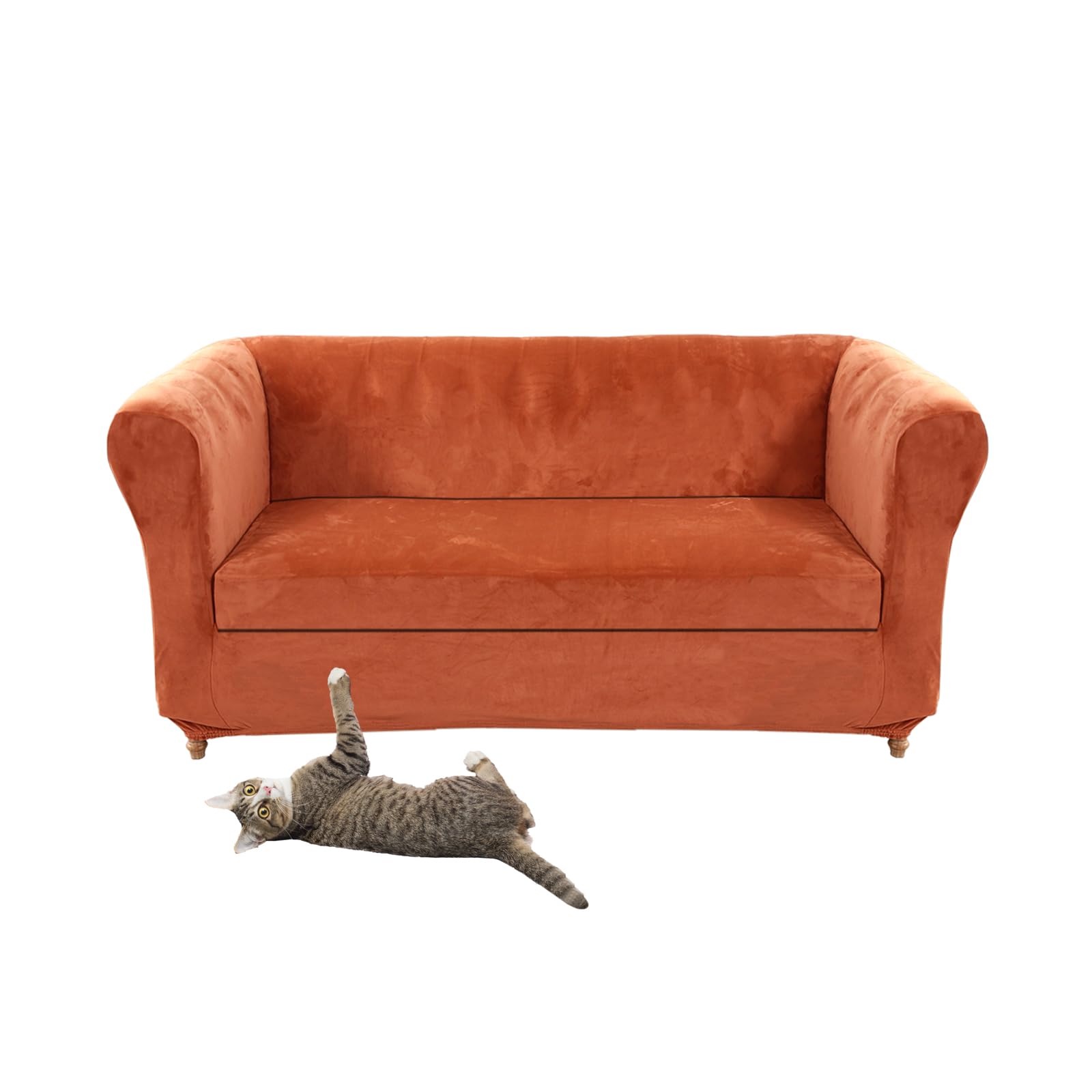 Stretch Velvet Chesterfield Sofa Cover Couch Cover with Seat Cushion Covers for Curved Chaise Longue Armchair Vintage Style (Orange Sofa + 1 Large 3 Seater Sofa) — image 1