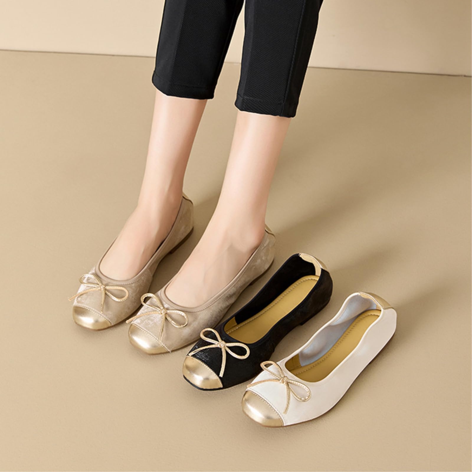 SMYDM - Ballerine da donna con fiocco, punta rotonda, in vera pelle di pecora, traspirante, resistente agli odori, senza lacci, comode, beige e champagne, Nero , 40 EU