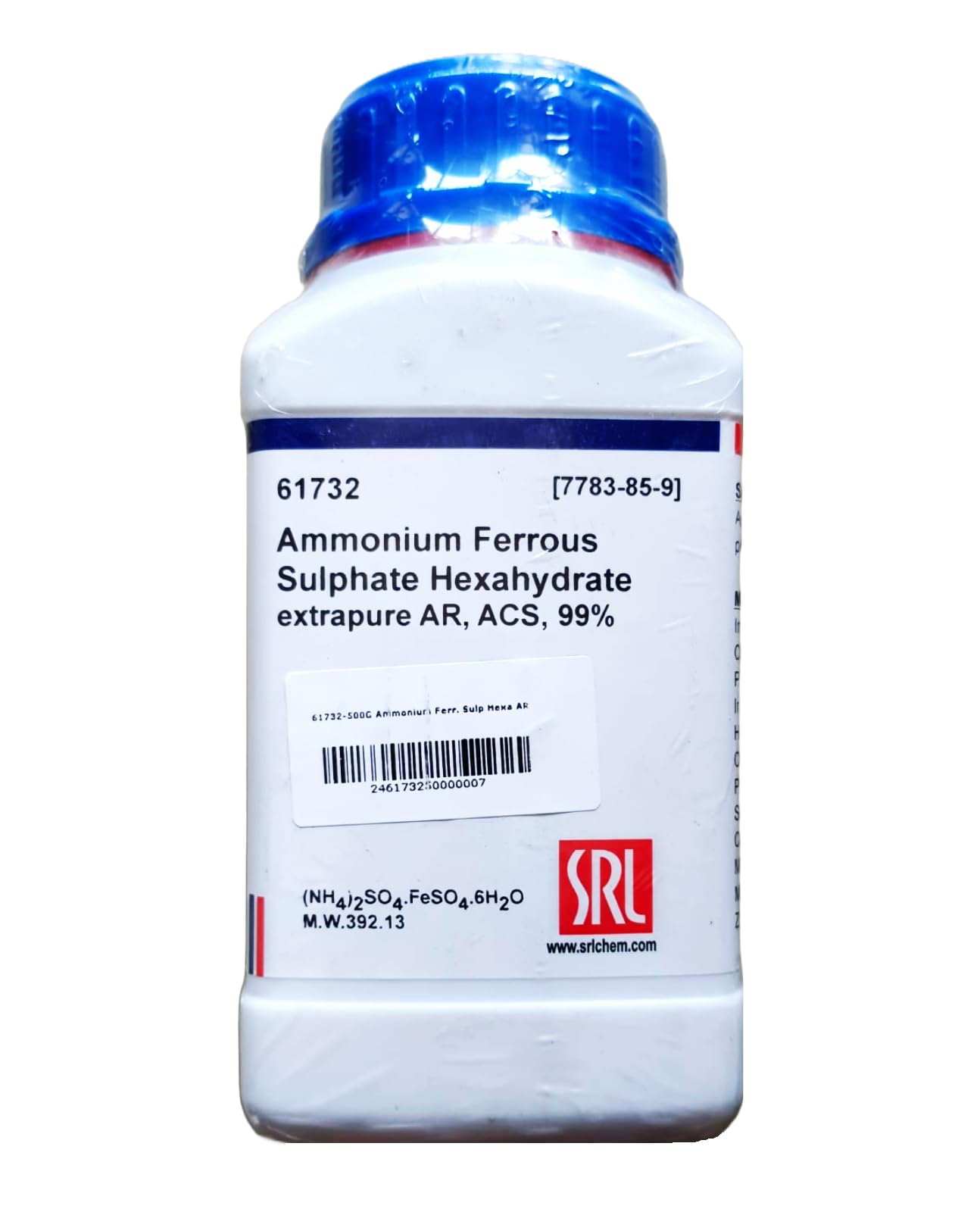 SRL Ammonium Ferrous Sulphate Hexahydrate Extrapure 500Gm AR, ACS Grade 99%, CAS NO 7783-85-9, Molecular Formula : (NH4)2SO4.FeSO4.6H2O,Storage : Room Temperature, Shelf Life : 60 Months
