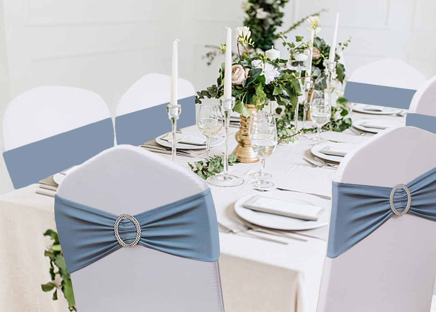 JFDYDM Spandex 50 Dusty Blue Chair Sash with Silver Buckle for Reception Events Decorations Blue Chair Sashes for Chair Covers