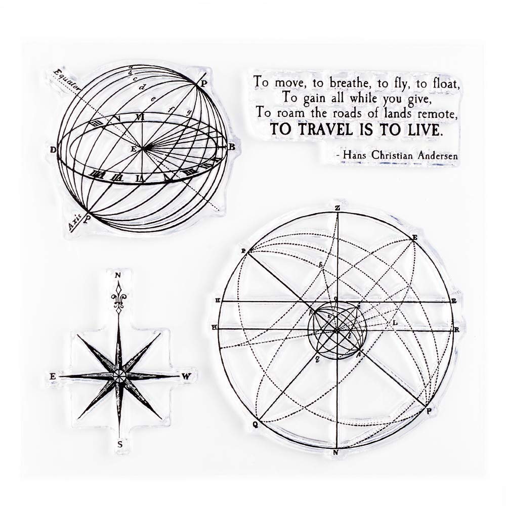 Wintertime CraftsTravel The World Small Clear Stamp Set 4x4 inch for Scrapbooking and Art Journals, Compass and Vintage Diagrams