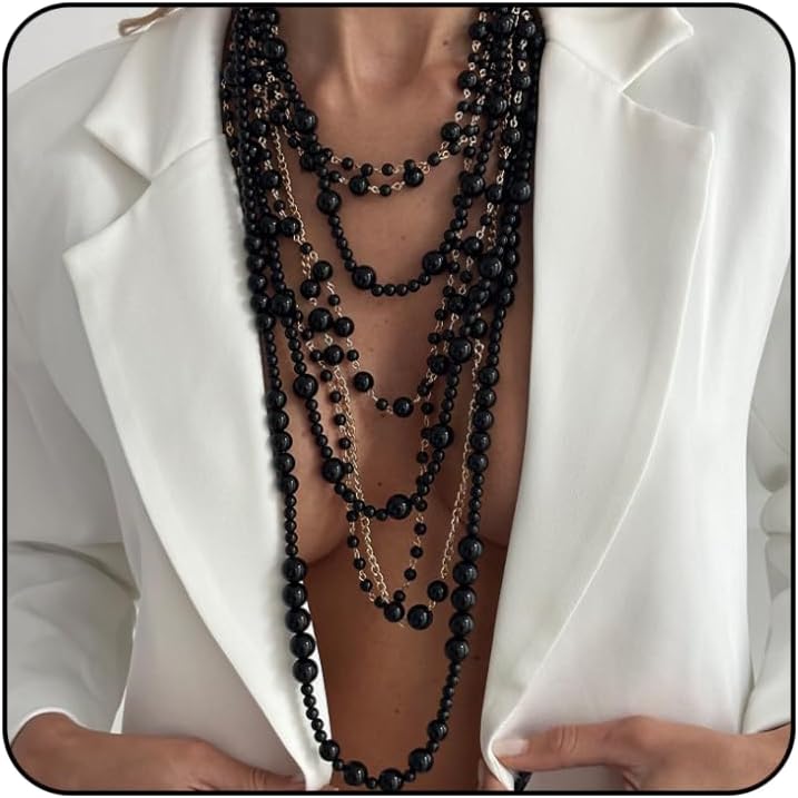 Layered Long Pearl Necklaces for Women Dainty Gold Pearl Chain Statement Necklace