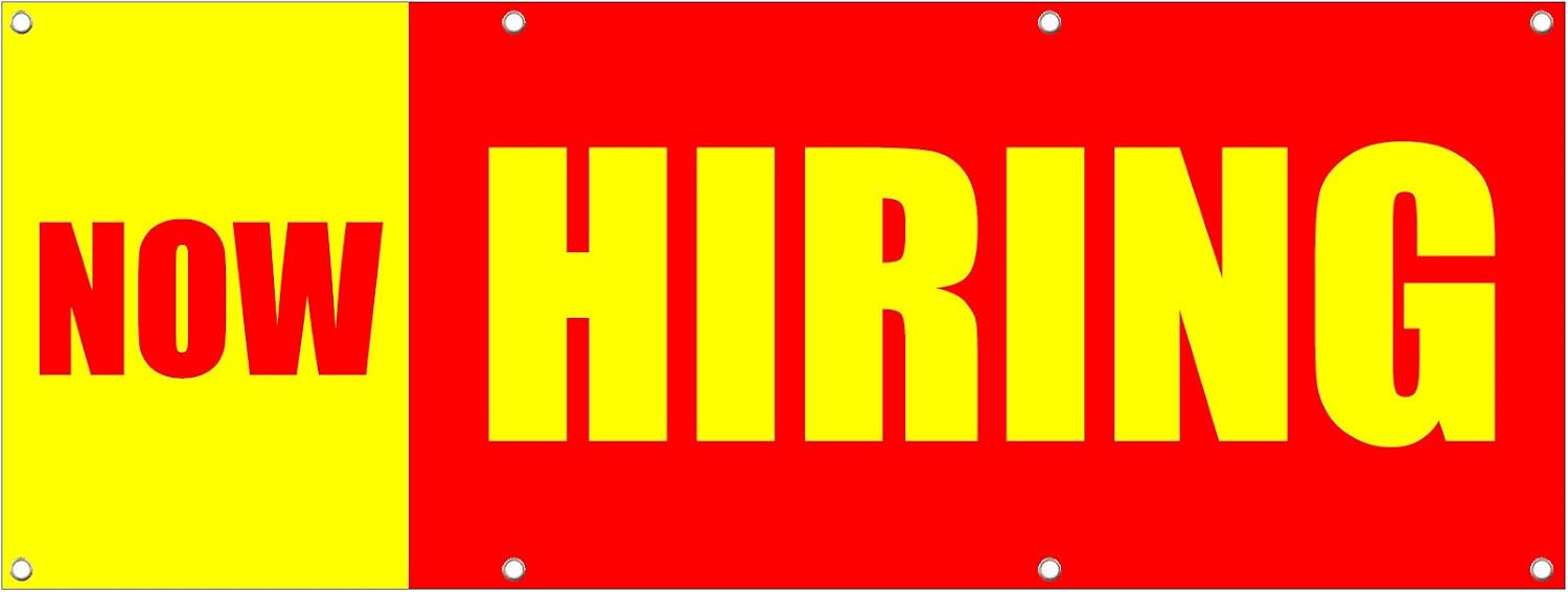 Now Hiring Yellow Red Business Sign Banner 2 Feet X 4 Feet/W 4 Grommets