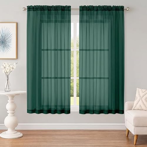OWENIE Hunter Green Sheer Curtains 63 Inch 2 Panels for Living Room