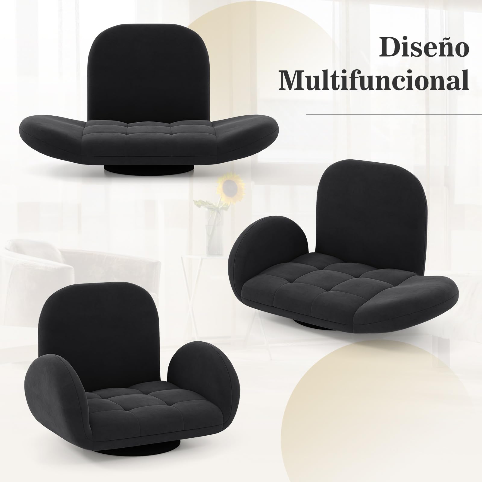 COSTWAY Silla de Suelo con Base Giratoria 360°, Sillon Lectura con Respaldo y Reposabrazos Ajustable en Multiniveles, Sillón Sofá Perezoso Reclinable para TV, Lectura y Videojuegos (Negro)