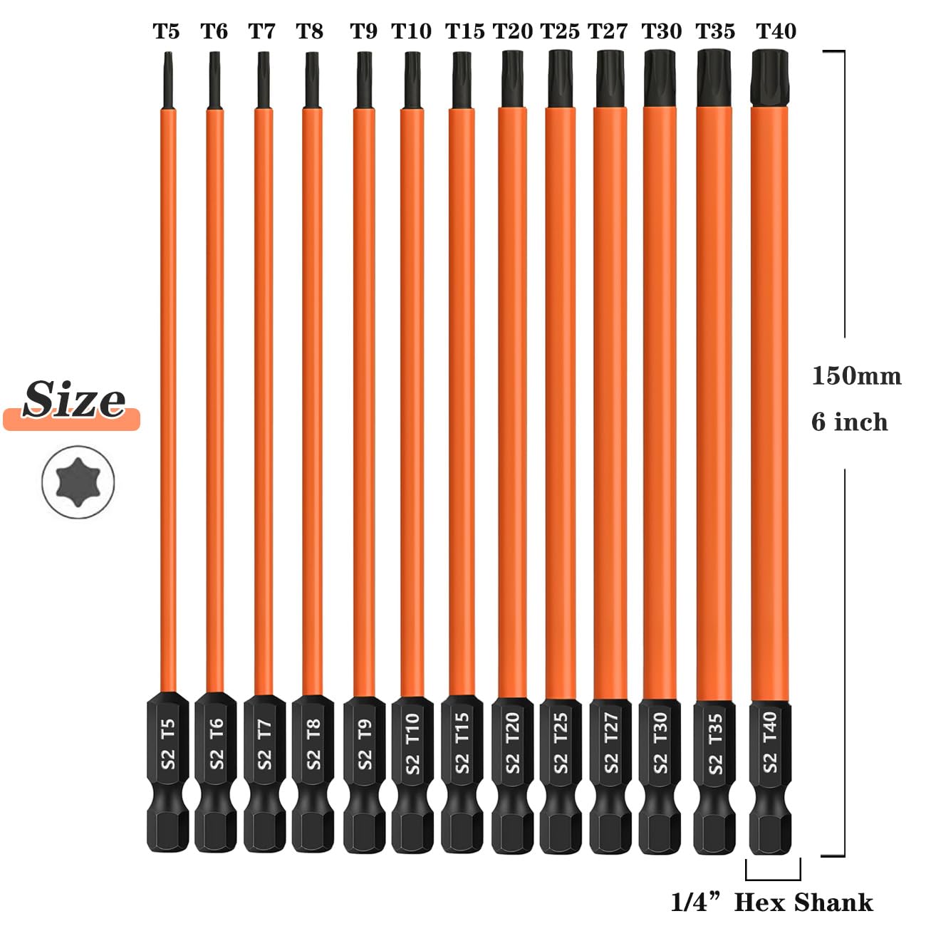 GEINXURN Set van 13 stuks Torx schroevendraaierbits, schokbestendig T7-T40, 150 mm lang, 1/4 inch (6,35 mm) zeskantschacht, S2 gelegeerd staal, magnetisch schroevendraaierbitsset, kleurgecodeerde
