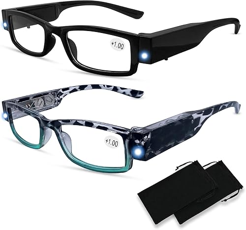 Juego de 2 lentes de lectura con luces, lectores LED brillantes, lentes ligeros, lupa iluminada, lentes para lector nocturno, lentes transparentes