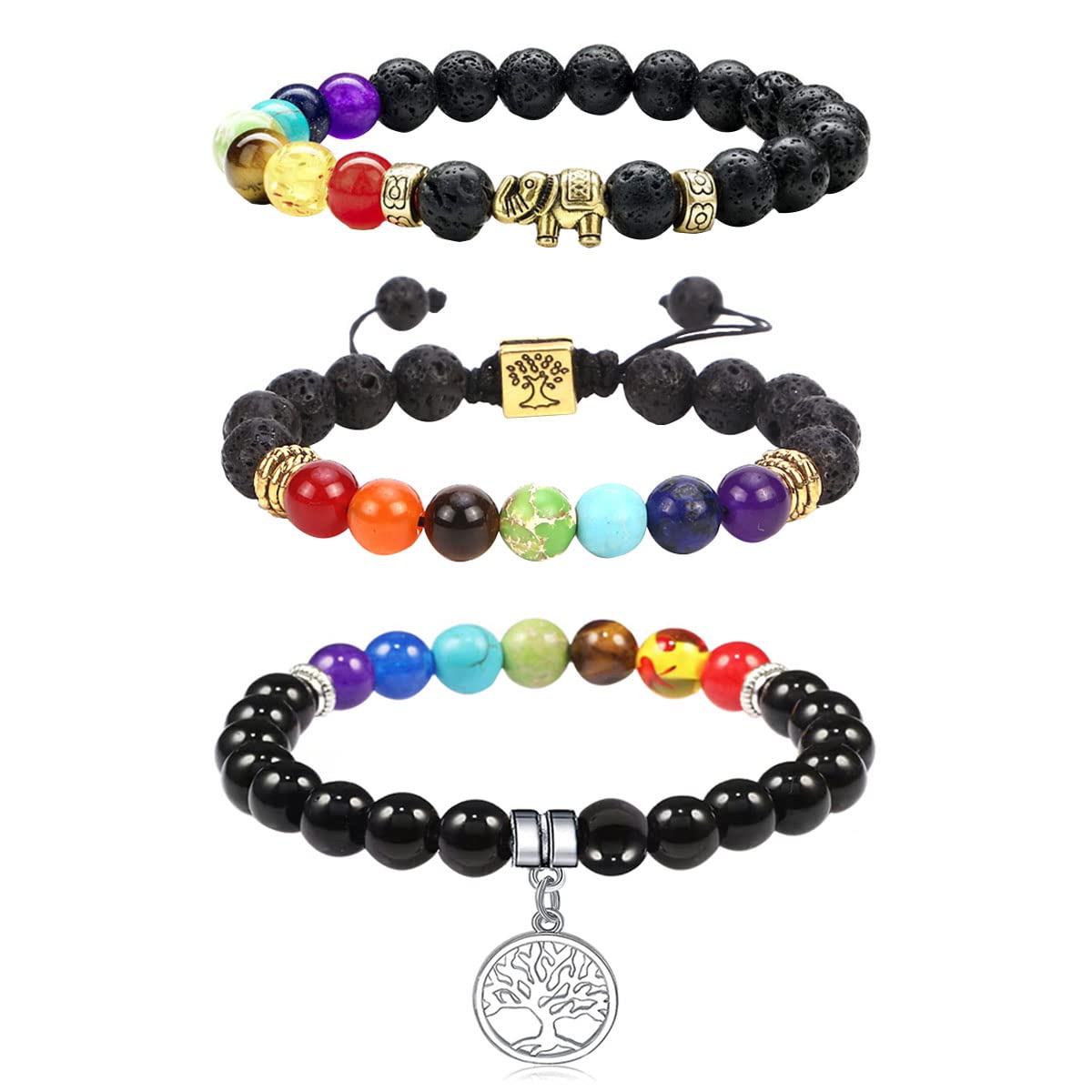 yfstyle4Pcs 7 Chakra Necklace Healing Energy Crystal Pendant Necklace Spiritual Healing Necklace Bracelet Set Natural Stone Lava Chakra Bracelet Chakra Stones Necklace Chakra Crystal Jewelry Gifts