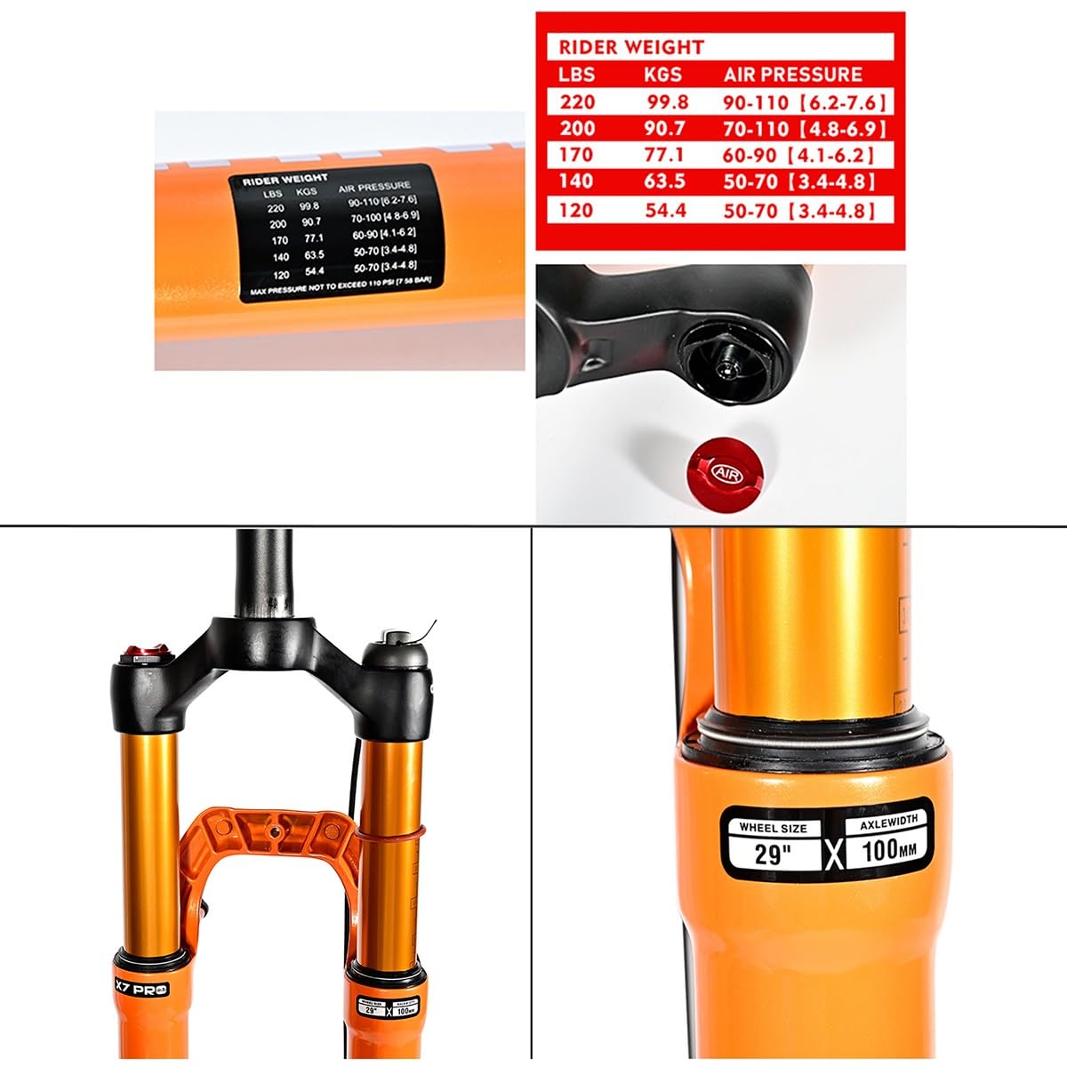 Horquilla de suspensión para Bicicleta de montaña de 26, 27,5 y 29 Pulgadas con Ajuste de amortiguación, Horquilla Delantera para Bicicleta XC Am MTB, Tubo Recto de 1-1/8, recorri