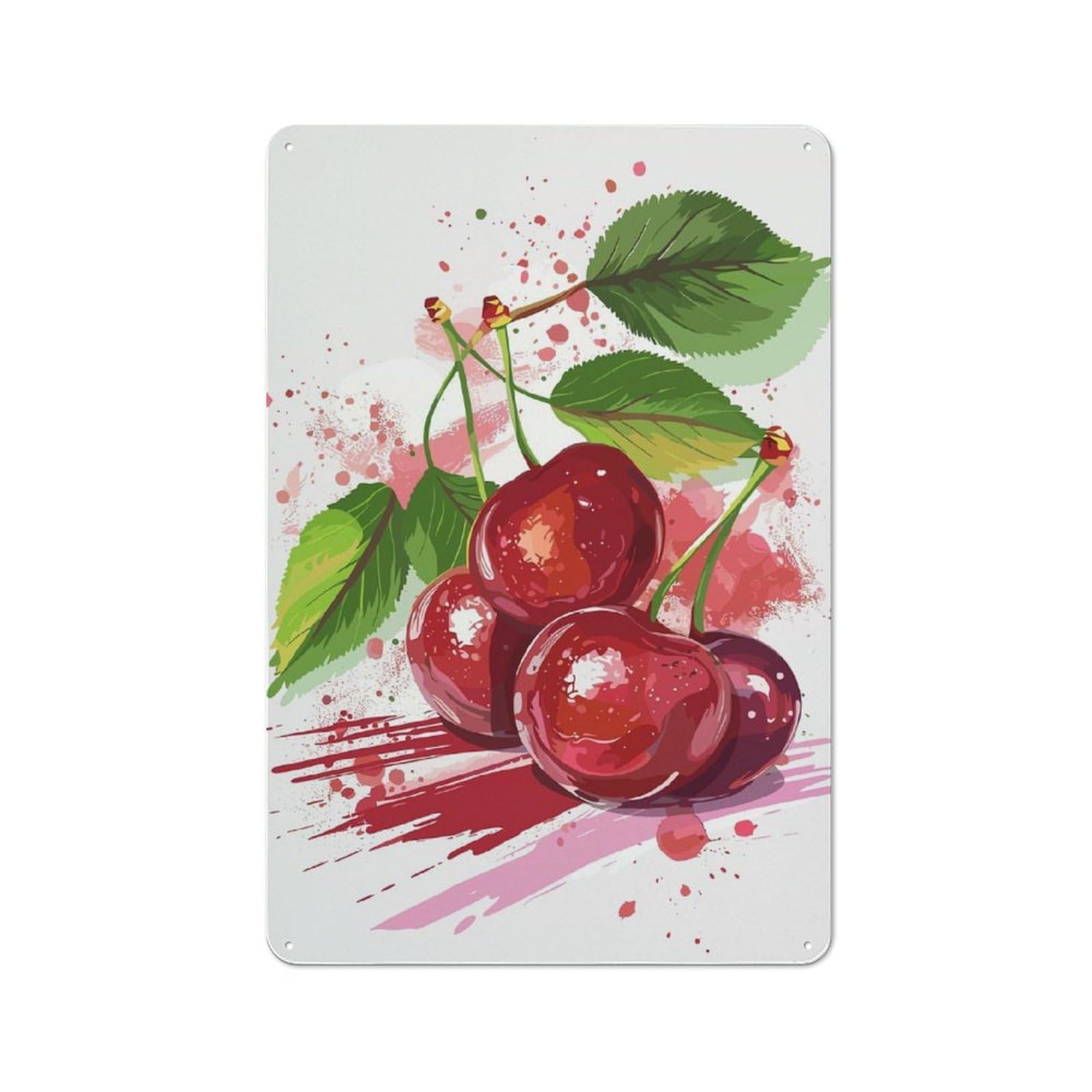 Junmoney Watercolor Cherries Rustic Tin Wall Plaque 30X20cm For Garage Or Workshop, For Home Interiors, Feature Walls And Decorative Displays