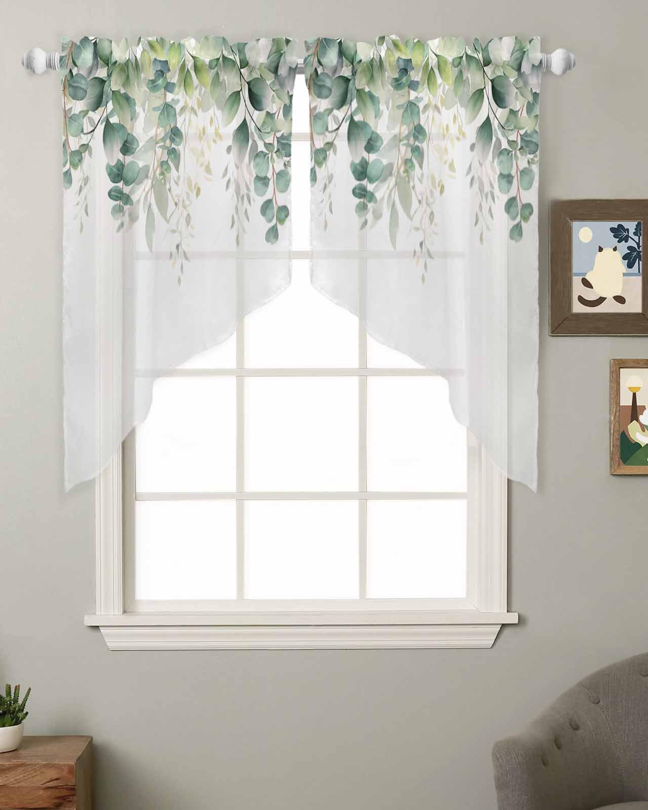 Sage Green Eucalyptus Leaf Swag Valances for Windows Summer Leaves Floral Watercolor Semi Sheer Valance Curtains Voile Swags Topper Curtain for Kitchen Living Room Bedroom 2 Panels - Image 2