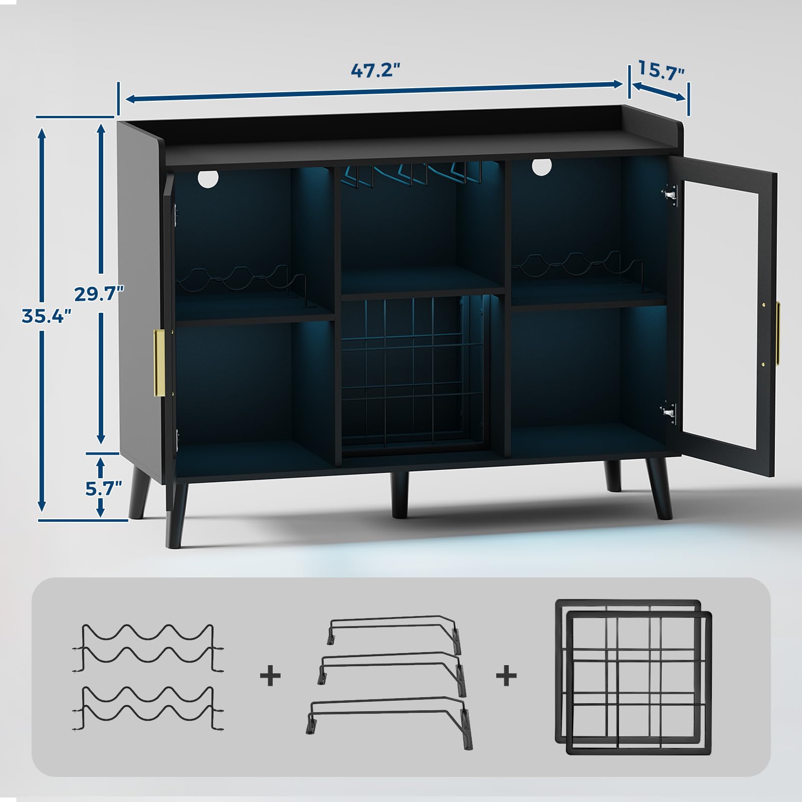 GarveeHome Modernes Freistehendes Weinbar Sideboard Mit LEDBeleuchtung Weinregal, Glashalter, Glastüren Viel Stauraum Für Wohnzimmer, Küche, Esszimmer Stabile Holzkonstruktion, Vielseitig