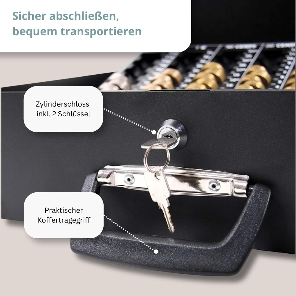 hjh OFFICE Geldkassette SAFE I – Abschließbare Stahl-Geldkassette mit Euro-Münzbrett, Banknotenfächern und Tragegriffen, für Bargeld, 35,5 x 27,5 x 10,5 cm
