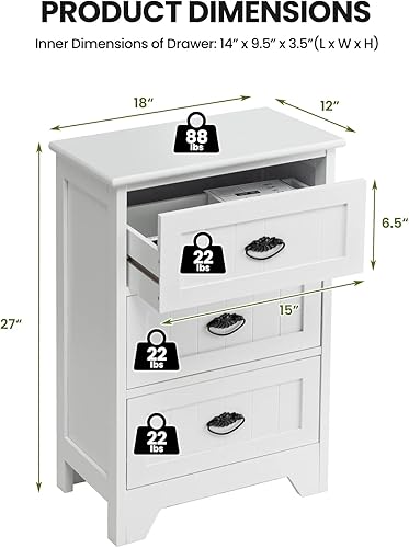 Miniatura 3 de COSTWAY Mesita de noche con 3 cajones, mesa auxiliar para dormitorio, almacenamiento de madera, mesita de noche, color blanco