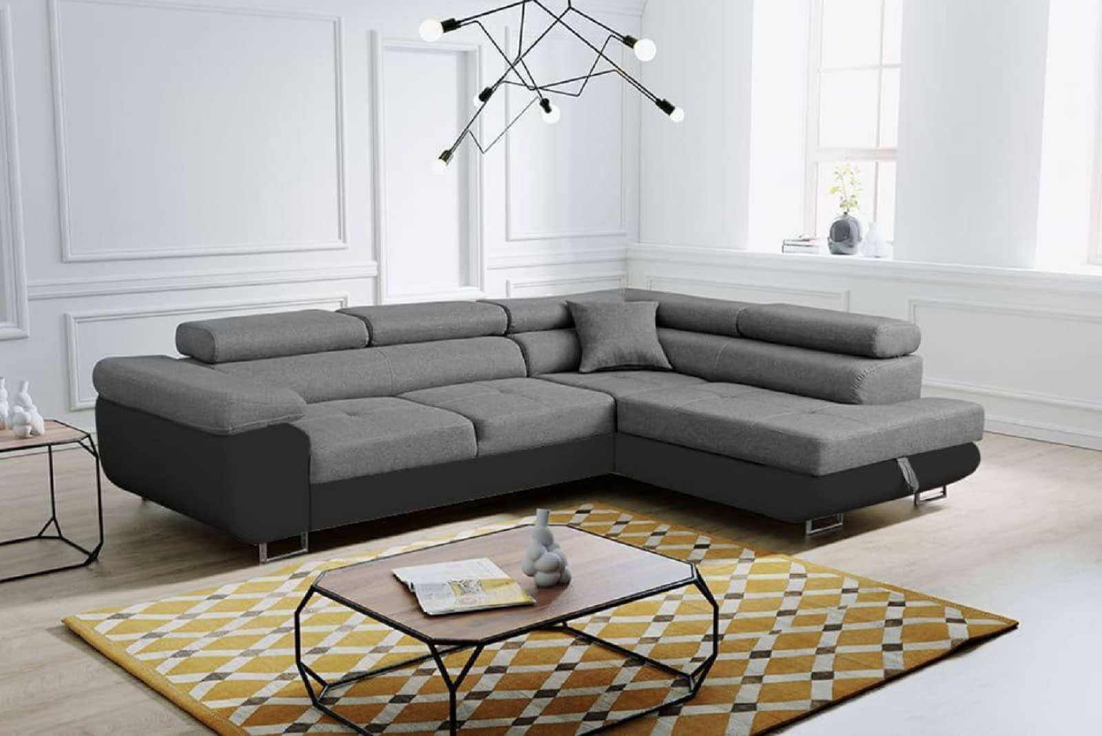 Ashbourne Sofa Bed with Storage | Corner Sofa | Double Sofa Bed | Grey or Grey & Black Fabric | Warranty Included (Right Hand Facing, Black & Grey)