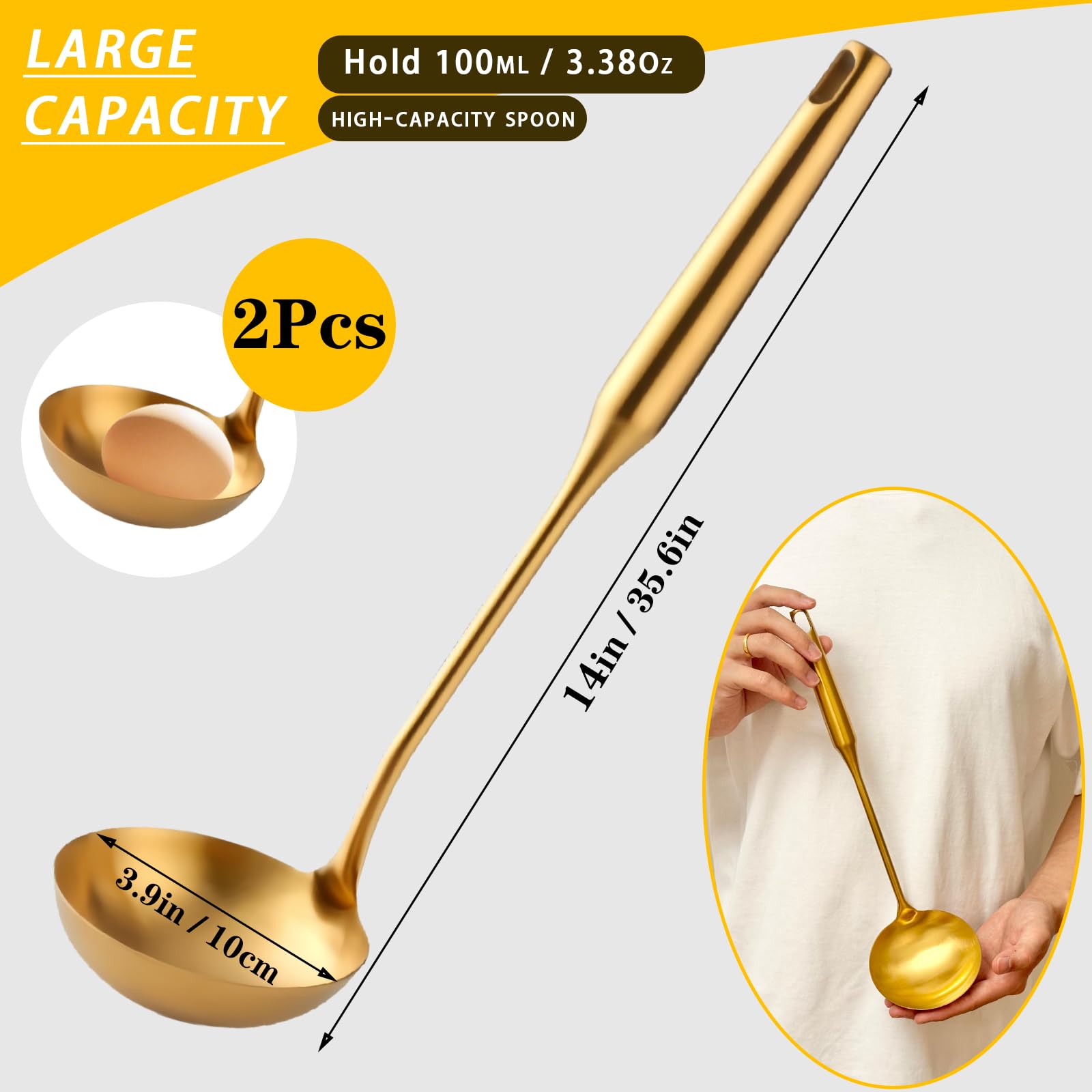 Bigwinyep Soup Ladle, 2Pcs Stainless Steel Ladle spoon, 14 Inch Serving Spoon Heavy Duty kitchen Utensils for Cooking Buffet, Party, Kitchen, Gold
