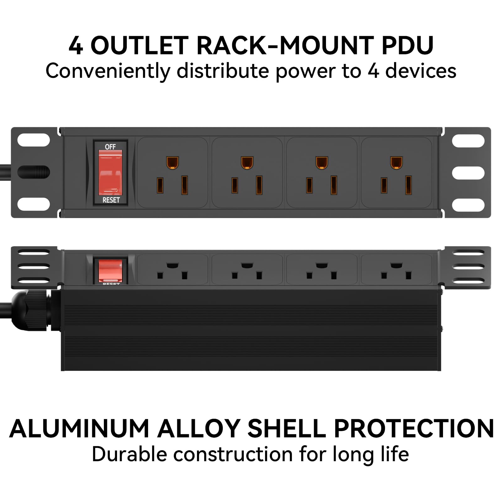 Unidad de distribución de energía para rack de 10 pulgadas, 1U (4 tomacorrientes) de 10 pulgadas, mini rack de 10 pulgadas, con protección (cable de 125 V/15 A, 6 pies), tira de alimentación para