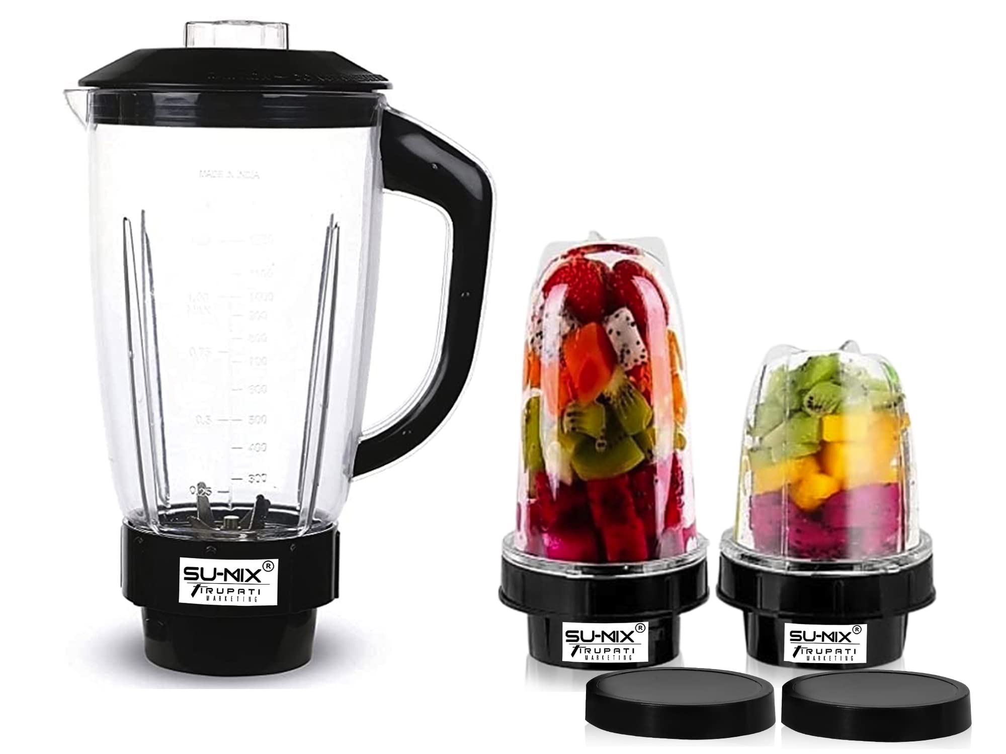 Su-mix Juicer Jar Heavy Bullet Jar for Mixer Grinder Set of 3 Juicer Jar ABS Plastic Capacity (1500ML, 350ML & 530ML) Transparent Plastic, Black Mixer Juicer Jar-image-42