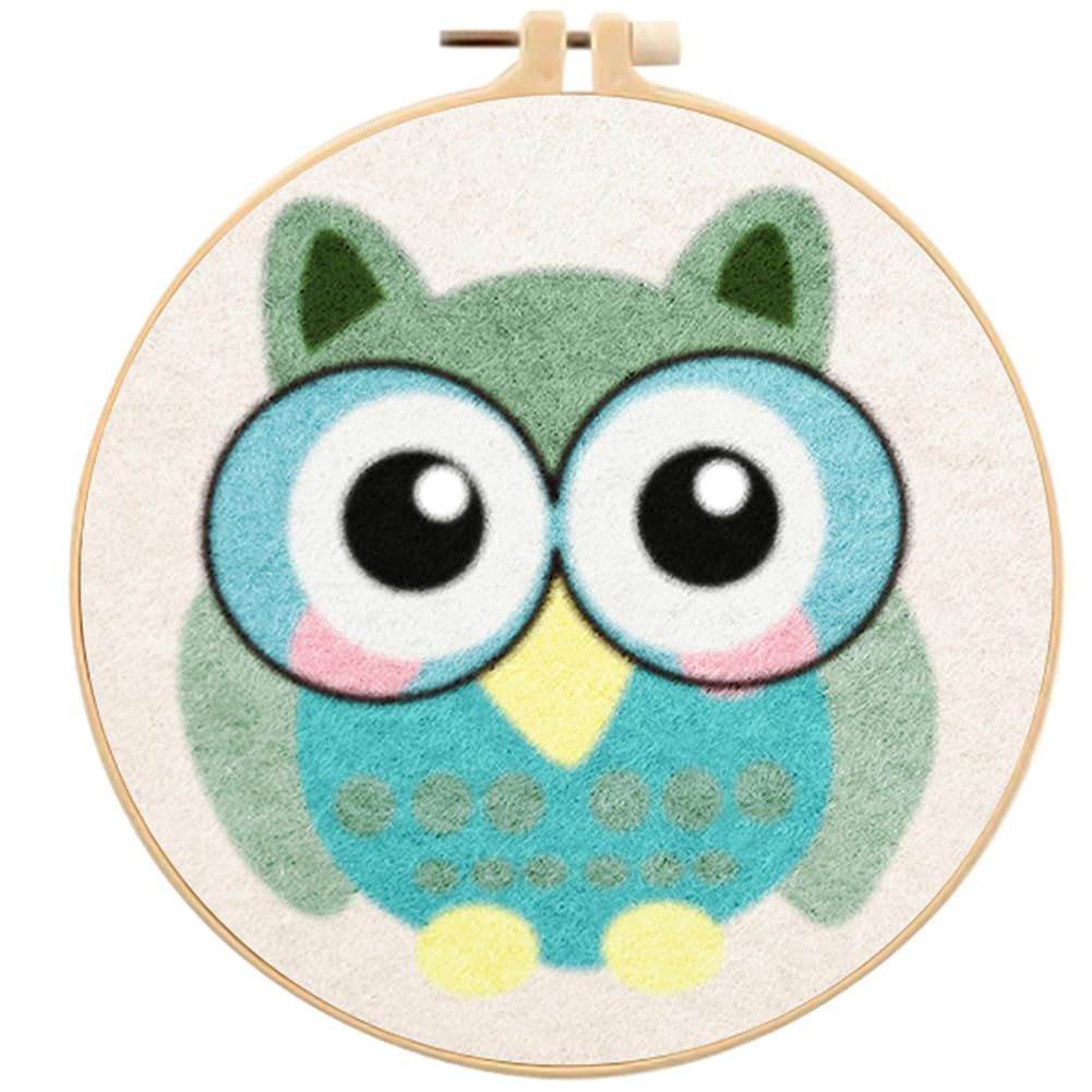 WOWDECOR Needle Felting Kit Picture for Beginners Adults, Cute Eyed Owl Animal DIY Wool Felt Painting Starter Kits with Mat, Embroidery Hoop and Tools for Home Decor (Owl)