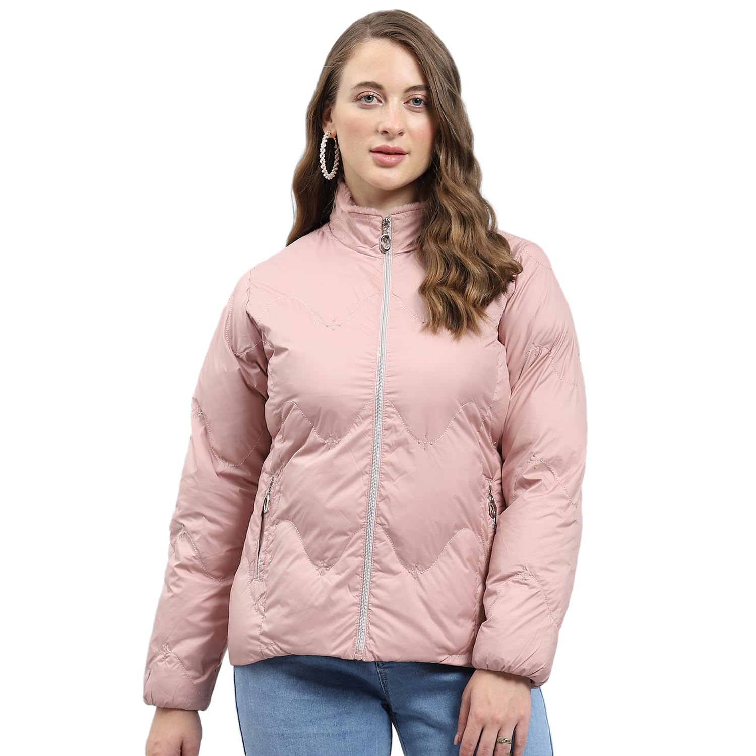 monte carlo Womens Self Design Mock Neck Polyester Blend Jacket Peach-picture-45