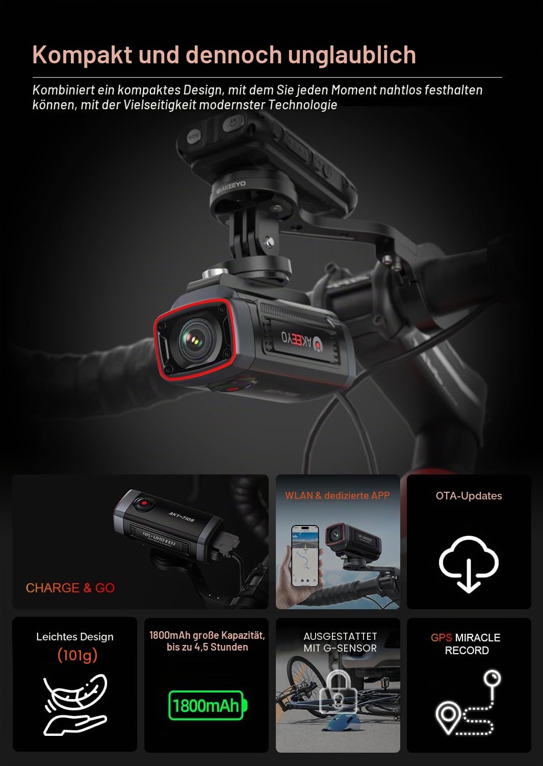 AKEEYO AKY-710S Fahrradkamera mit Halterung, 4K 28fps, 2K 55fps, Weitwinkel 142°, IP67, 5MP, Schleifen- und Notfallaufnahme, Parküberwachung, Fahrrad, Outdoor-Sport, wiederaufladbar, GPS, 64GB Karte
