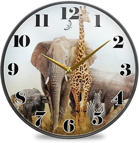 ALAZA - Reloj de pared de animales, elefante, león, safari africano, funciona con pilas, silencioso, sin tictac, para decoración de sala de estar,