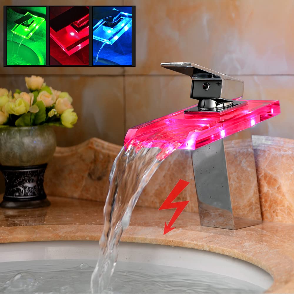 Robinet LED en verre lumineux Cascade Robinet RVB Robinet d'évier Robinet de lavabo Mitigeur de salle de bain en verre éclairé Salle de bain 3 changements de couleur