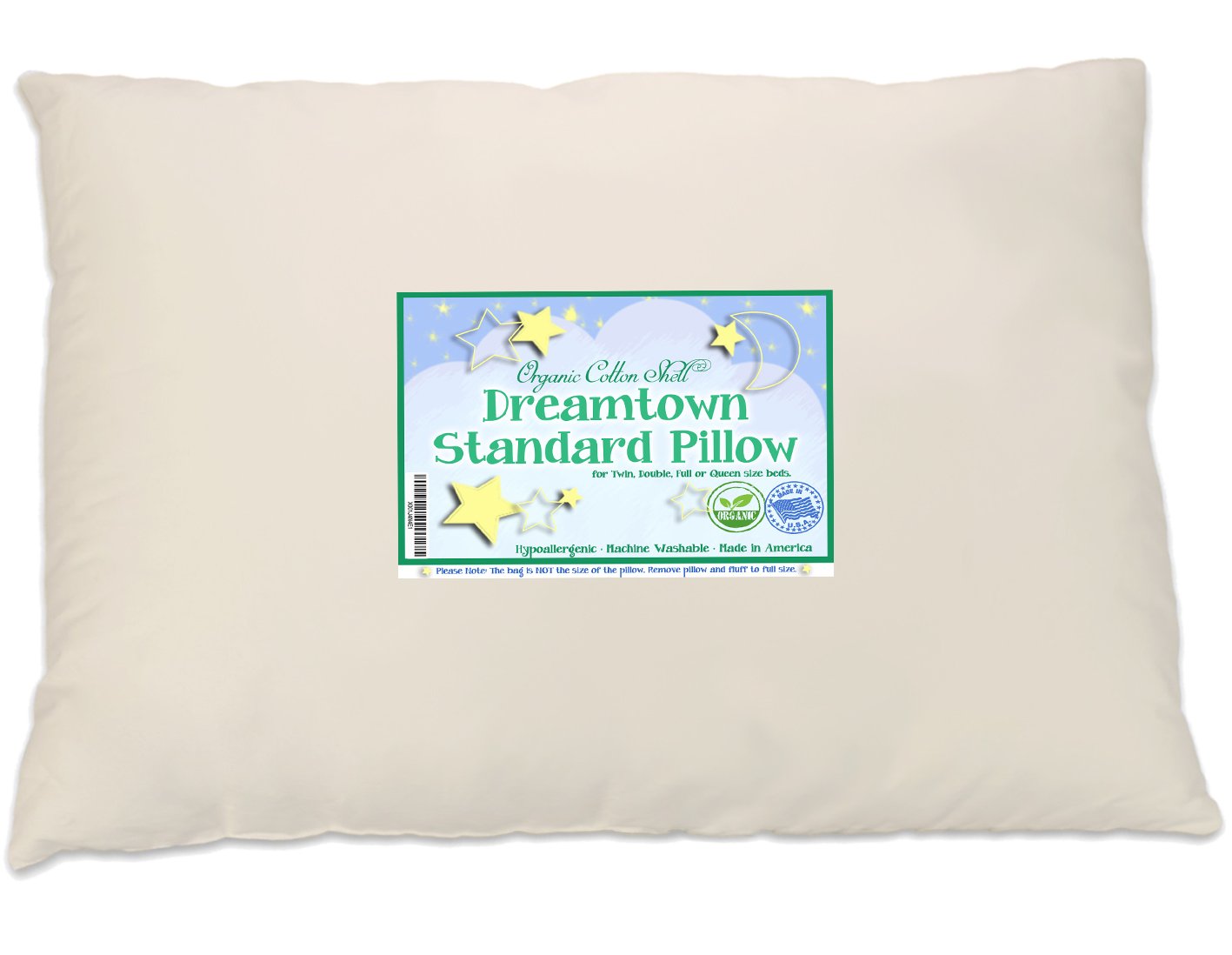 Dreamtown Kids Standard Size Pillow with Organic Cotton Shell 20x26 Tan, Stuffed to Be Slim for Kids and Stomach Sleepers, Made in USA