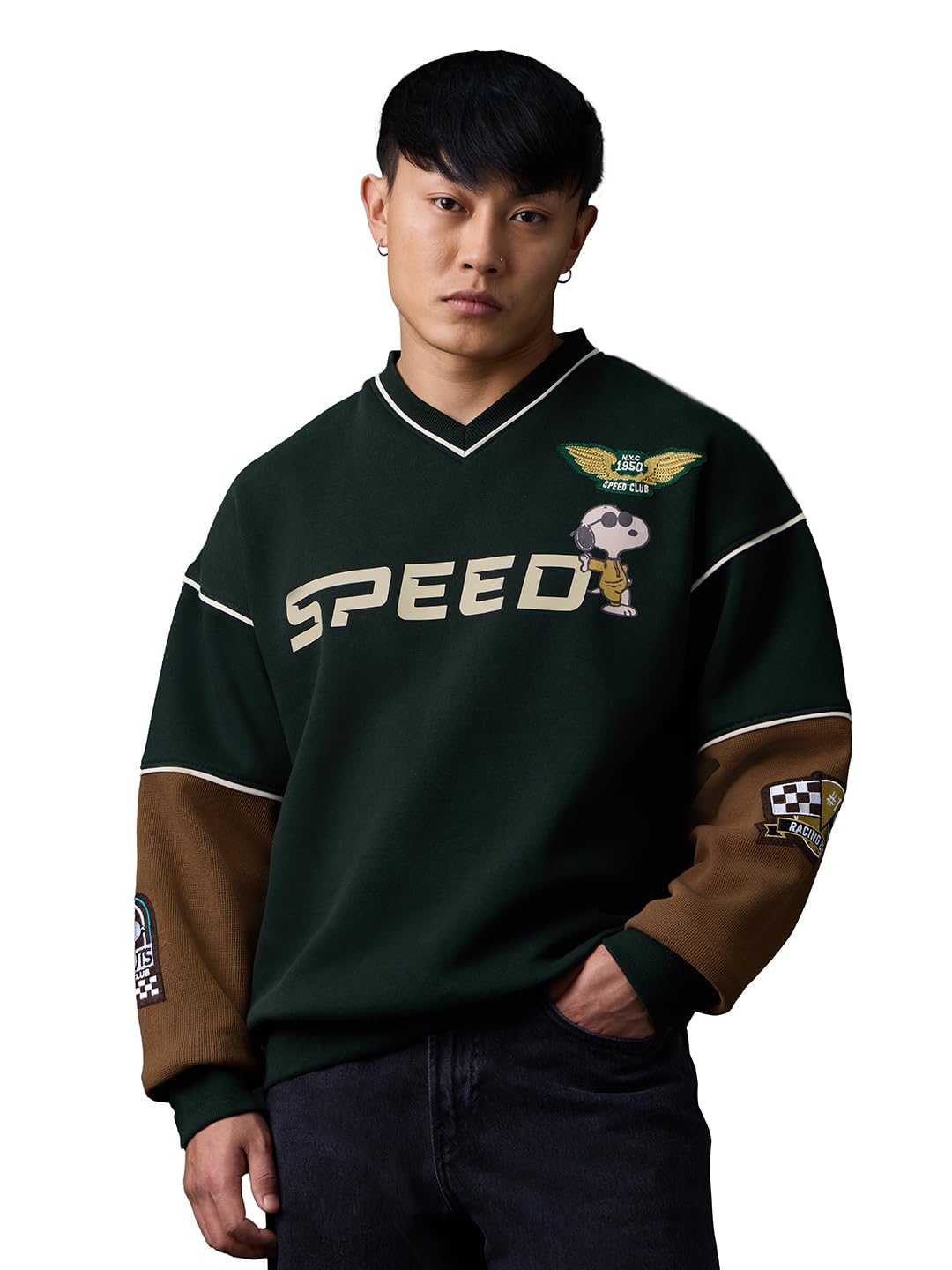 Peanuts: Speed Club Men and Boys Full Sleeves V-Neck Dark Green and Brown Graphic Printed Applique Cotton Polyester Blend Oversized Fit Casual Sweatshirt