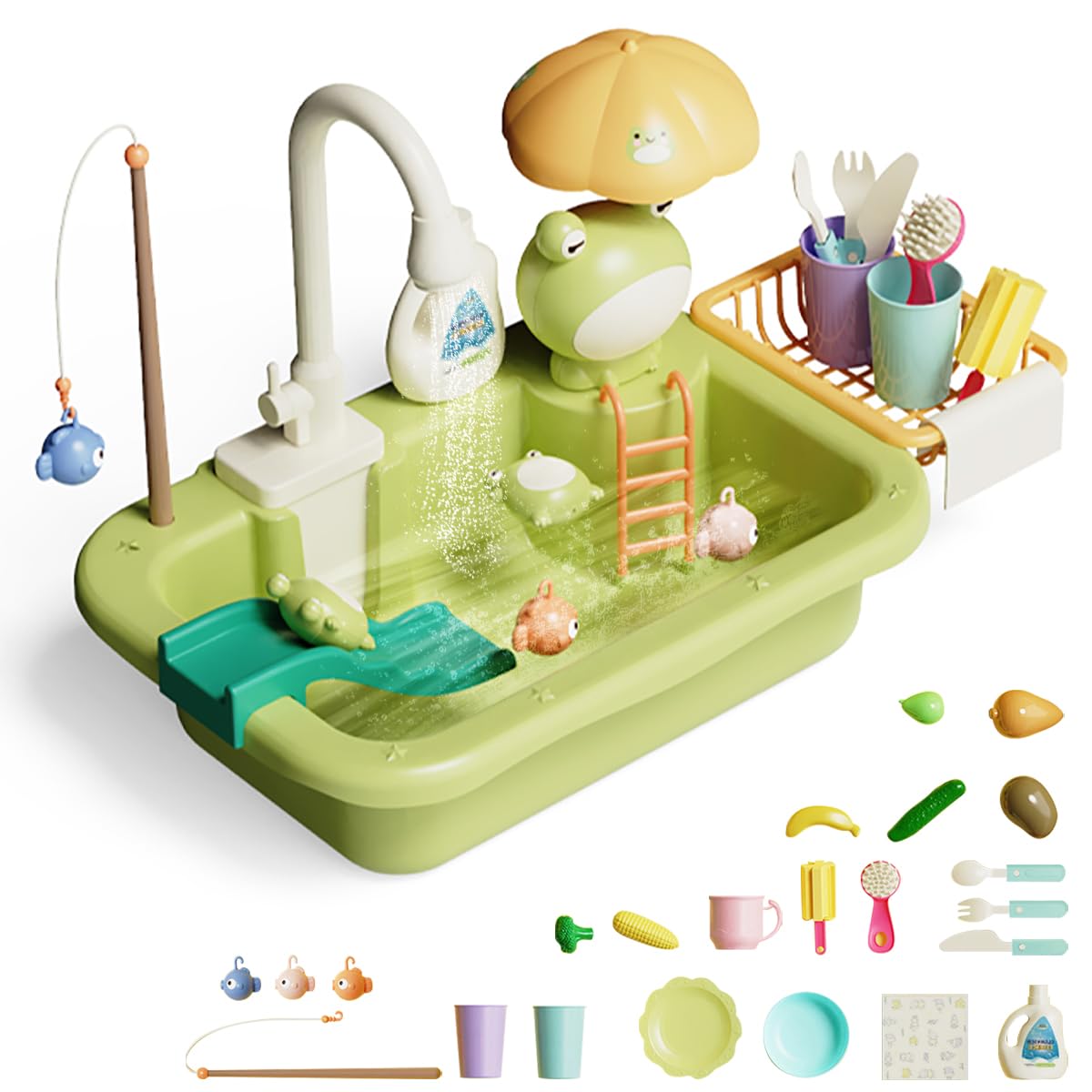Kids Kitchen Sink Toys Electronic Dishwasher Playing Sink 44PCS Pretend Role Play Toys Upgraded Real Working Faucet & Dishes Play Set with Automatic Running Water Cycle System for Boys Girls Toddler