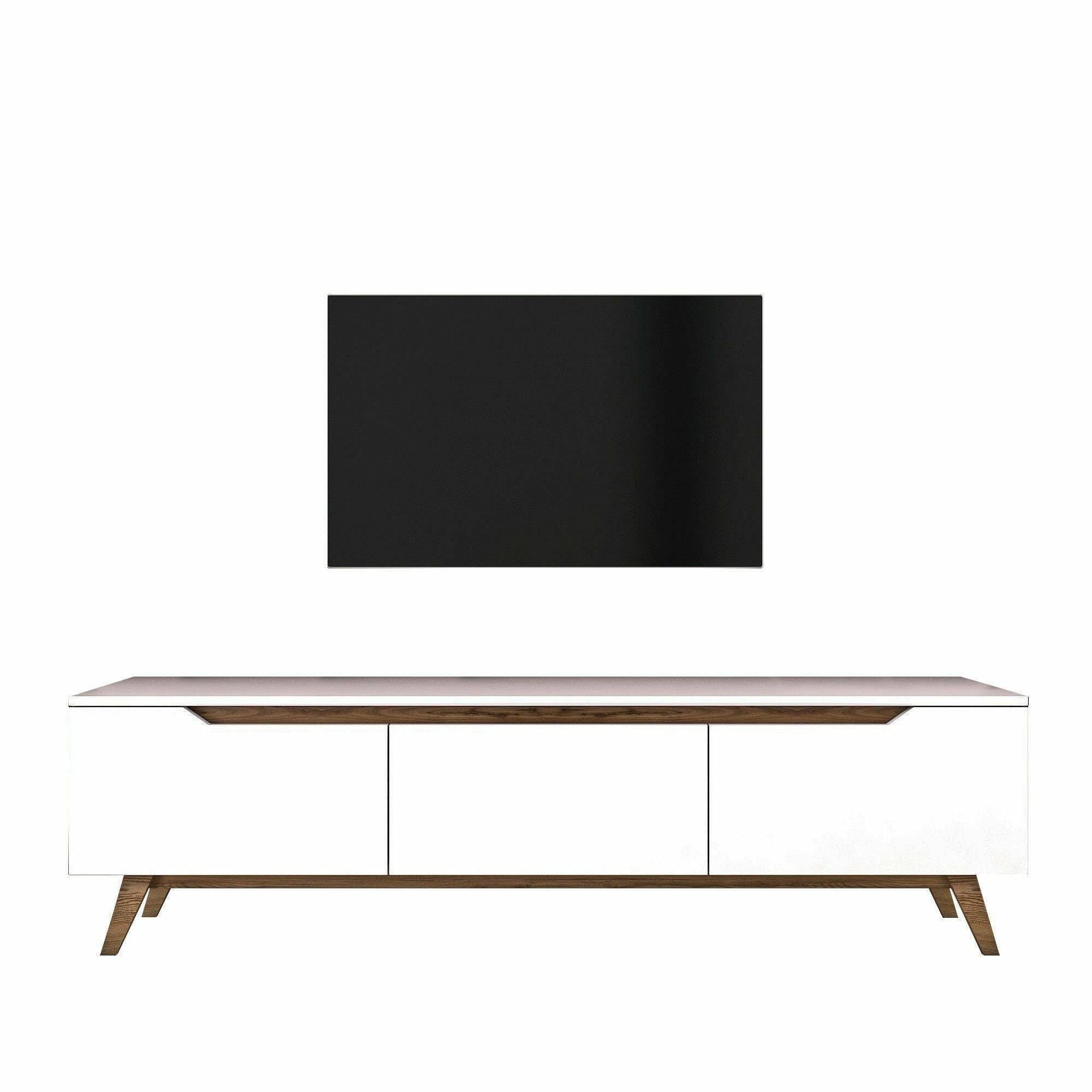 Dmora - Mobile porta TV Cor, Credenza da soggiorno, Armadio basso per TV, Base parete attrezzata, 180x35h49 cm, Bianco e Noce