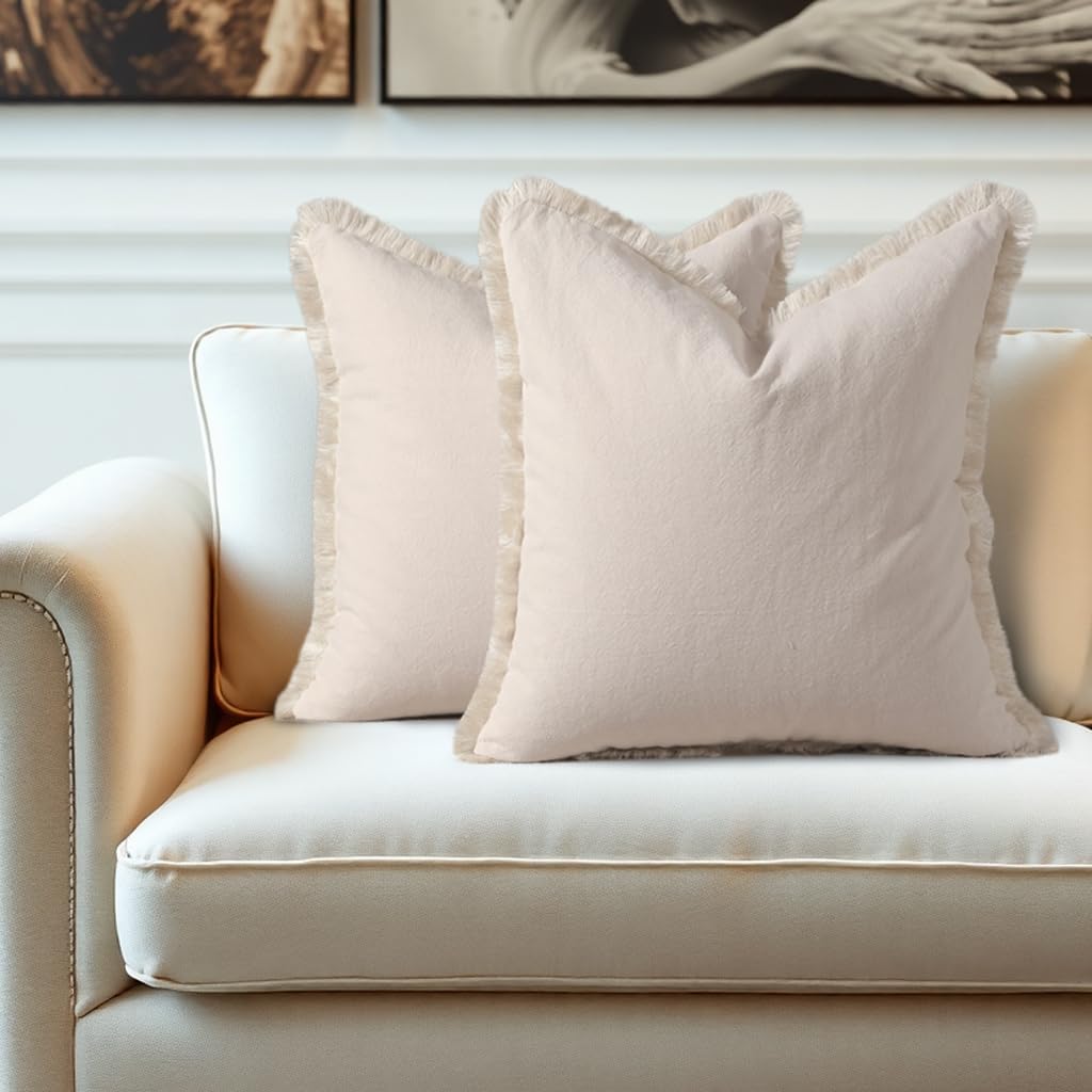 Decorative Boho Fringe Linen Couch Cushion Covers 60X60cm Set of 2 Beige — image 1
