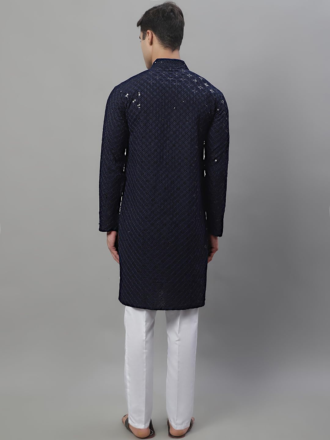 Jompers Men's Chikankari Embroidered And Sequence Kurta With Pyjama (Navy, M)