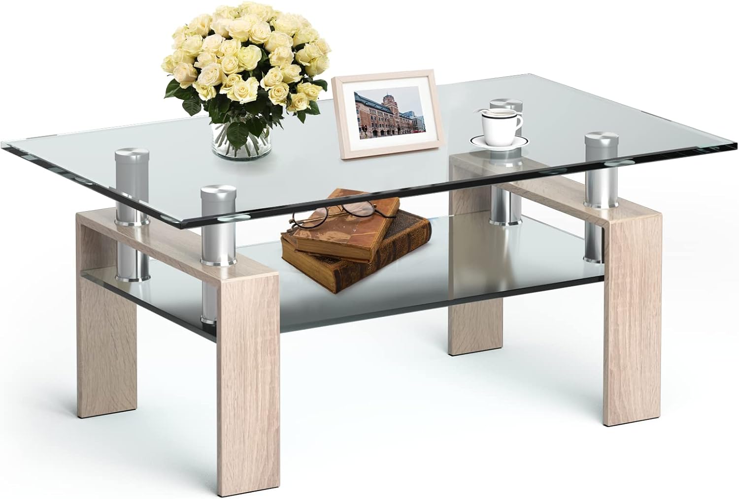 Tempered Glass Coffee Table, Rectangle Side End Table with 2-Tier Storage Shelves, Modern Sofa Tea Table Living Room Furniture, 100 x 60 x 45cm (Natural)