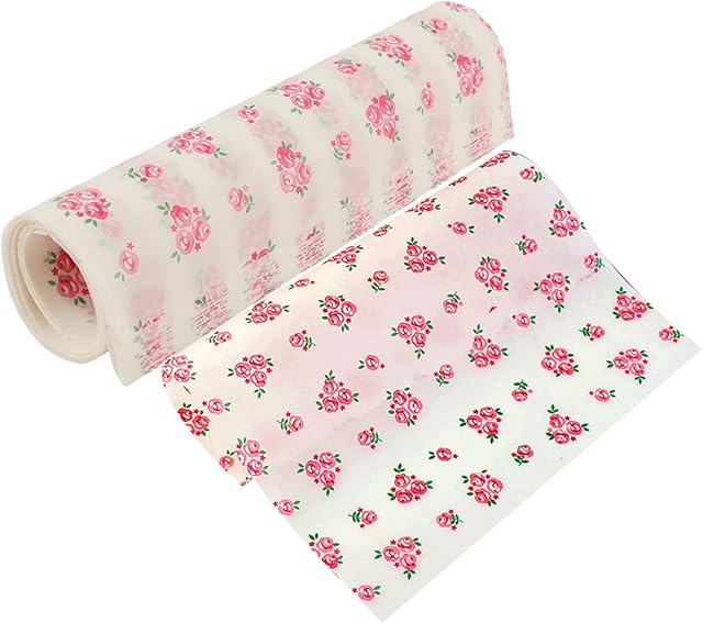 50 PCS Food Grade Wrap Paper, Rose Flower Greaseproof Paper Waterproof Wax Paper Sheets Food Wrapping Liners Food Basket Paper Food Wrapping Tissue Sandwich Wrappers for Sweets Cakes Cheese Baking