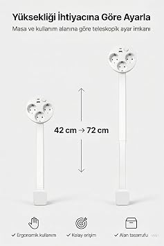 Teleskopik Masaüstü Çoklu Priz 3’lü Topraklı + USB-C & USB-A, Yükseklik Ayarlı, Işıklı Anahtarlı Uzatma Prizi