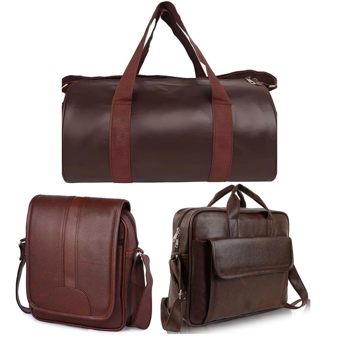 treggo Premium 3-in-1 Leather Travel Bag Set | Laptop Office, Duffle Gym & Sling Messenger Bag for Men & Women – Brown (SmartWork Essentials Combo)-picture-33